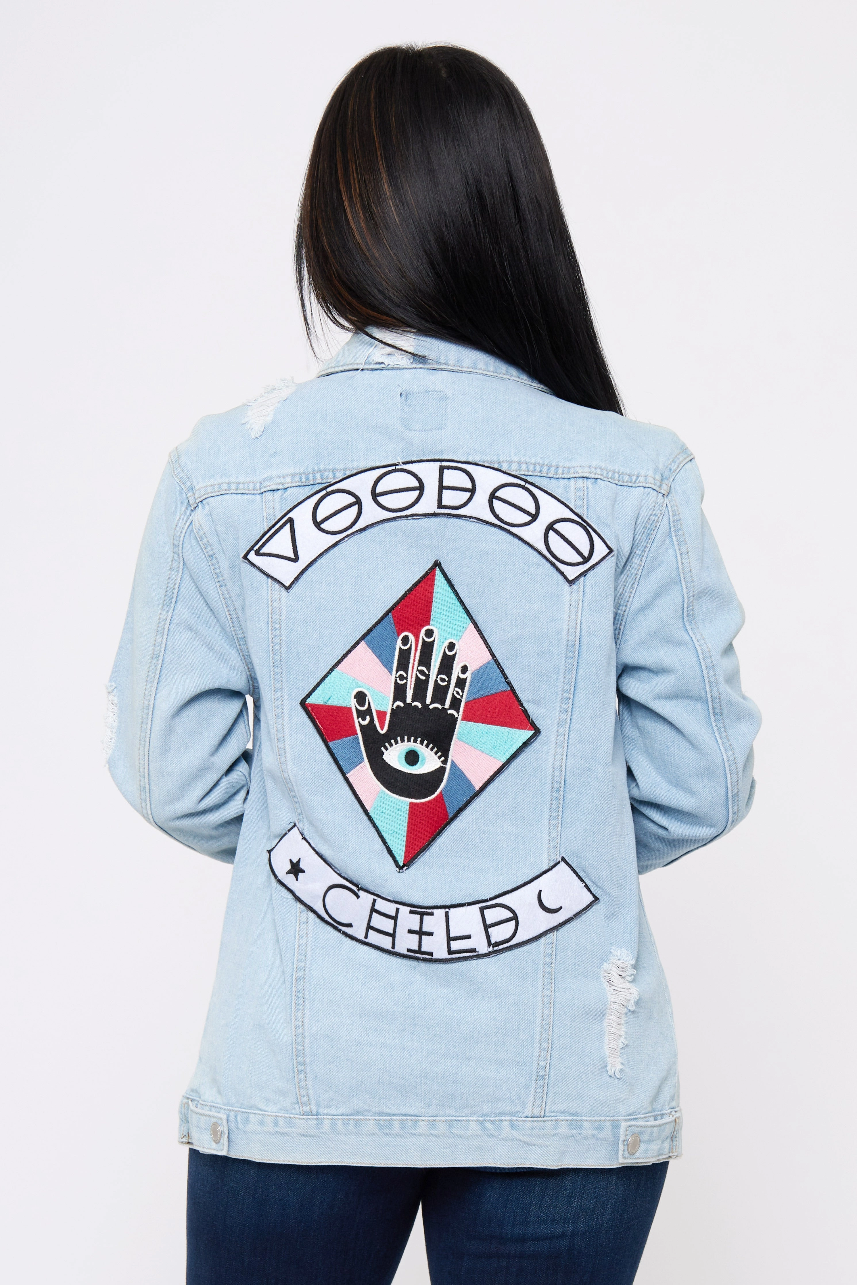 Voodoo Child - Distressed Denim Jacket Active Base Flow Motion Fit Feel