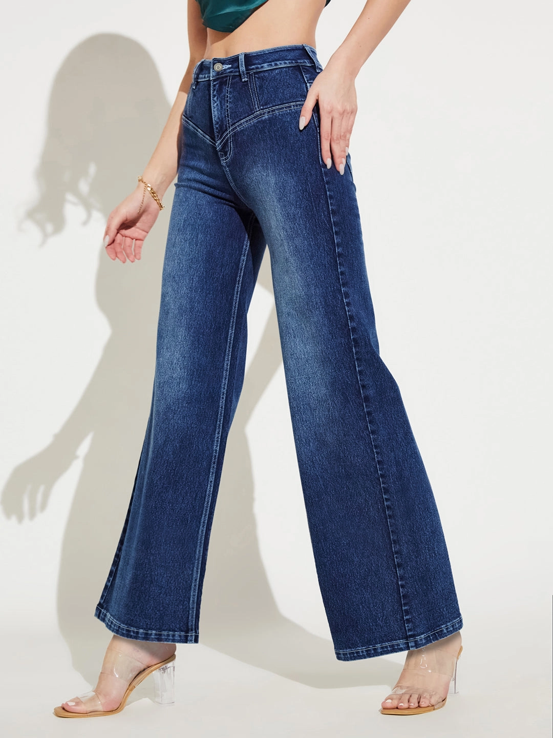 CHASEshape? Navy-Blue Wide-Leg High-Rise Stretchable Denim Jeans Party Look Urban Explorer