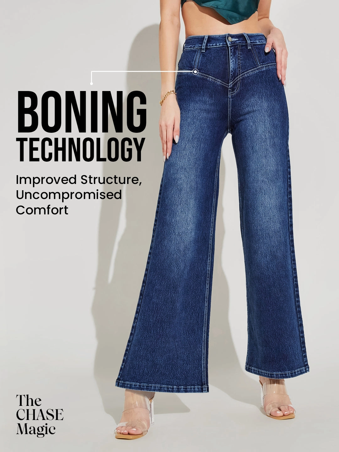 CHASEshape? Navy-Blue Wide-Leg High-Rise Stretchable Denim Jeans Casual Dressing Professional Wear Artist Vibe