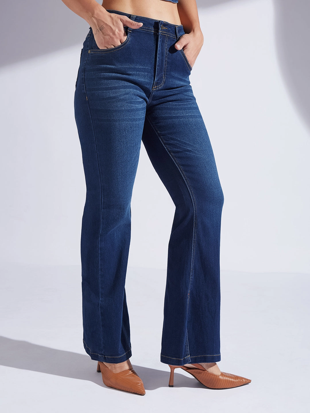 Women's Blue Bootcut Mid-Rise Denim Stretchable Jeans Reinforced Pockets Streetwear Fan Evening Stroll Elegant