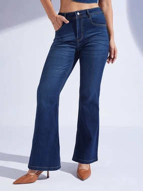 Music Event Smooth Casual Women's Blue Bootcut Mid-Rise Denim Stretchable Jeans