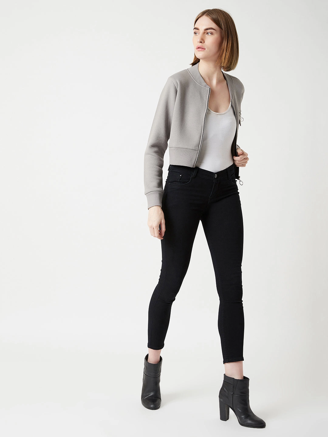 Women's Grey Stand Collar Full Sleeves Cotton Boxy/Bomber Cropped Jacket Flex Fit Design Taped Seam Waterproofing