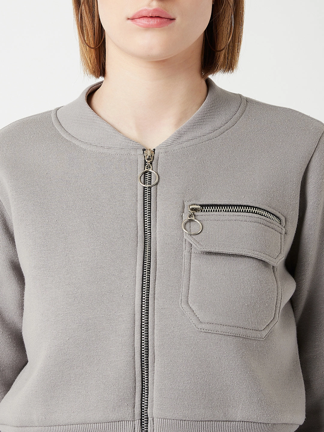 Women's Grey Stand Collar Full Sleeves Cotton Boxy/Bomber Cropped Jacket TearResistant Reinforcements Flexible Shoulder Panels