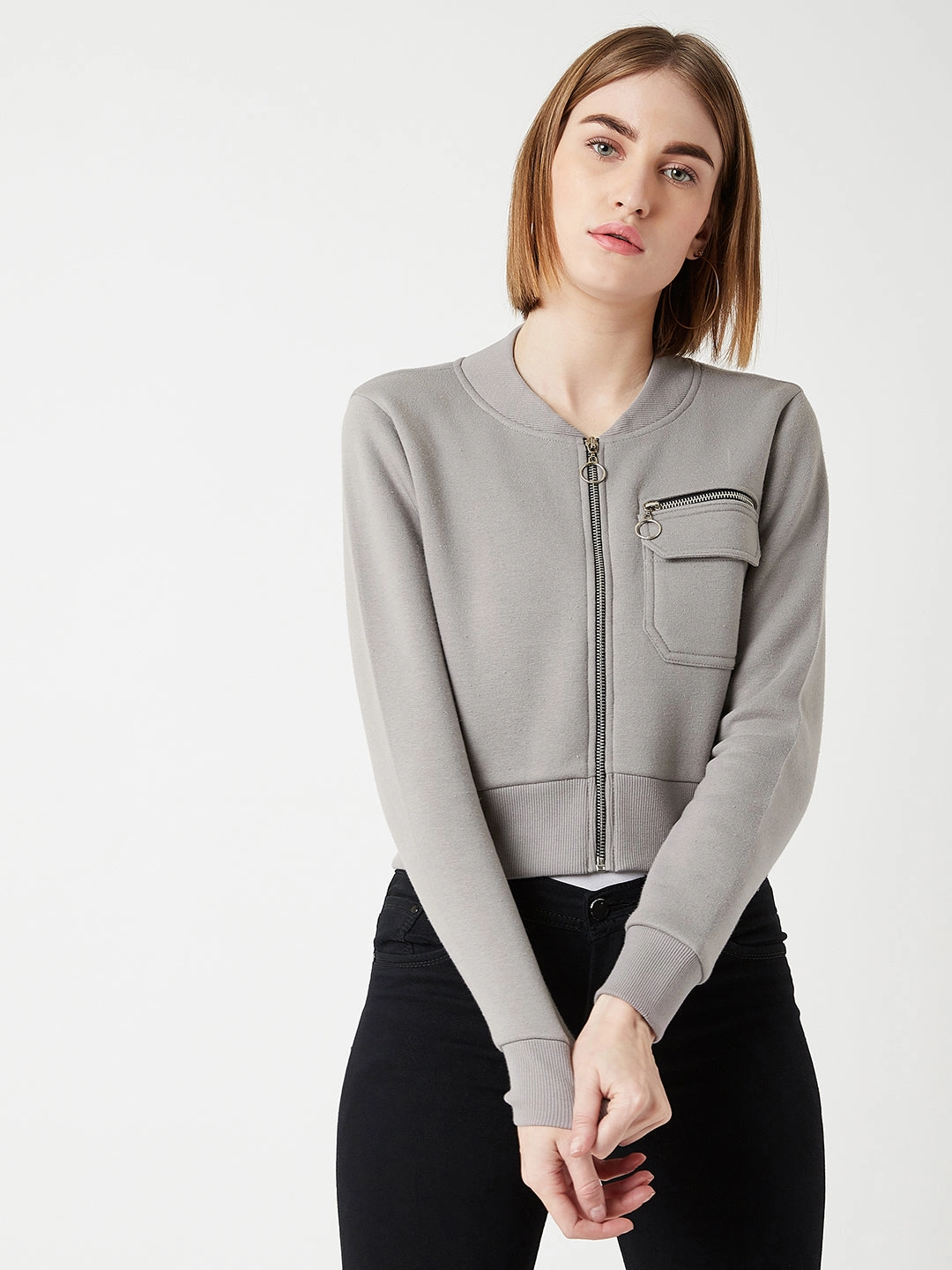 All Season Fit Odor Resistant Treatment Women's Grey Stand Collar Full Sleeves Cotton Boxy/Bomber Cropped Jacket
