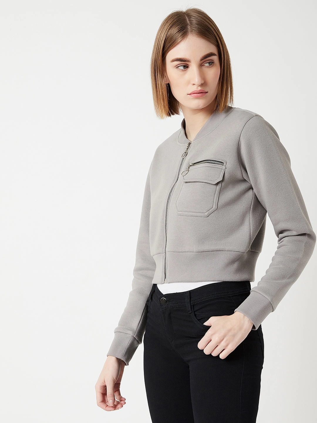 Women's Grey Stand Collar Full Sleeves Cotton Boxy/Bomber Cropped Jacket Erasable Stains Treatment