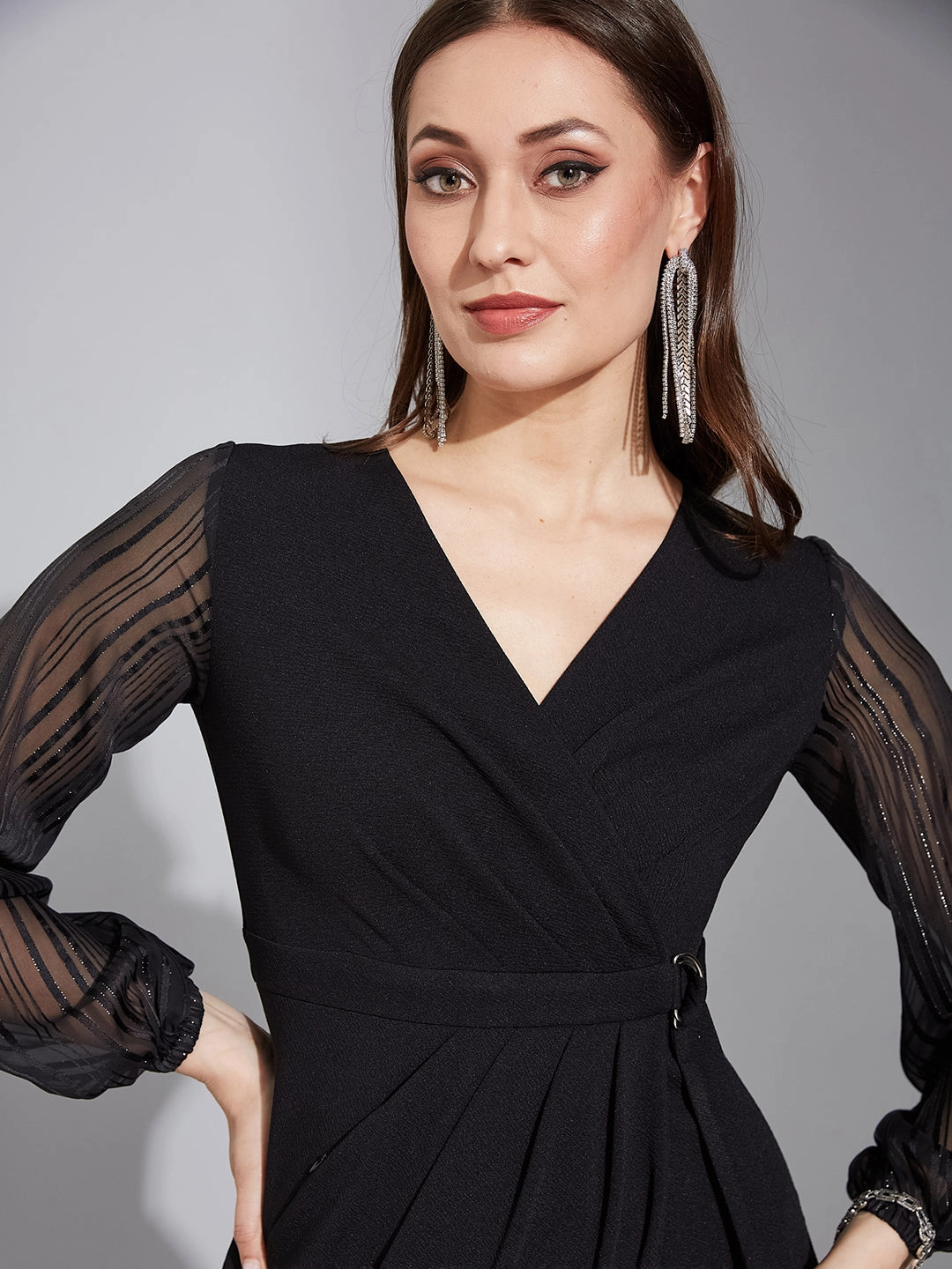 Modest Look Style Base Women's Black Solid V Neck Bishop Sleeves Front Pocketed Wrap Knee-Length Dress