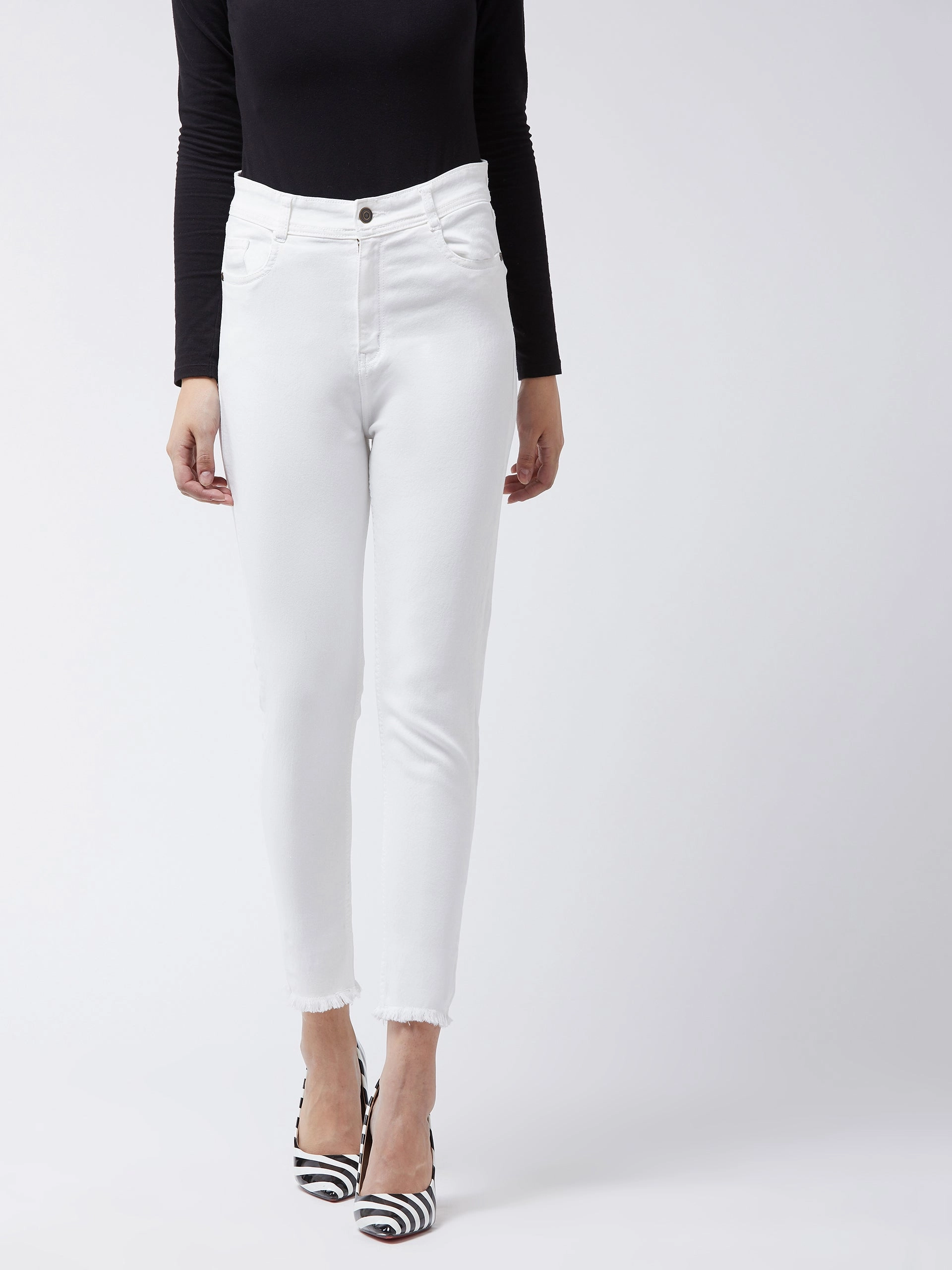Casual Friday Elegant Casual Travel Ready Women's White Skinny-Fit High-Rise Cropped Raw Edge Stretchable Denim Jeans