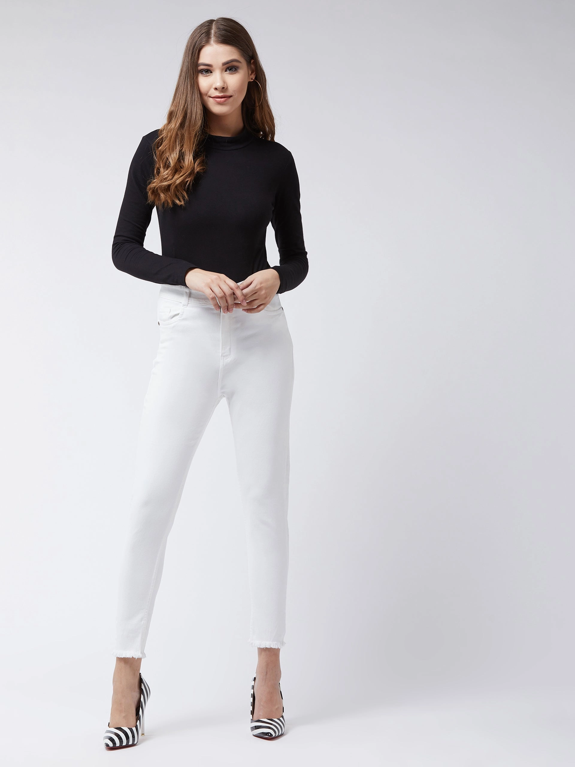 Women's White Skinny-Fit High-Rise Cropped Raw Edge Stretchable Denim Jeans Sustainable Road Trip Unisex Wear Classic Professional Wear