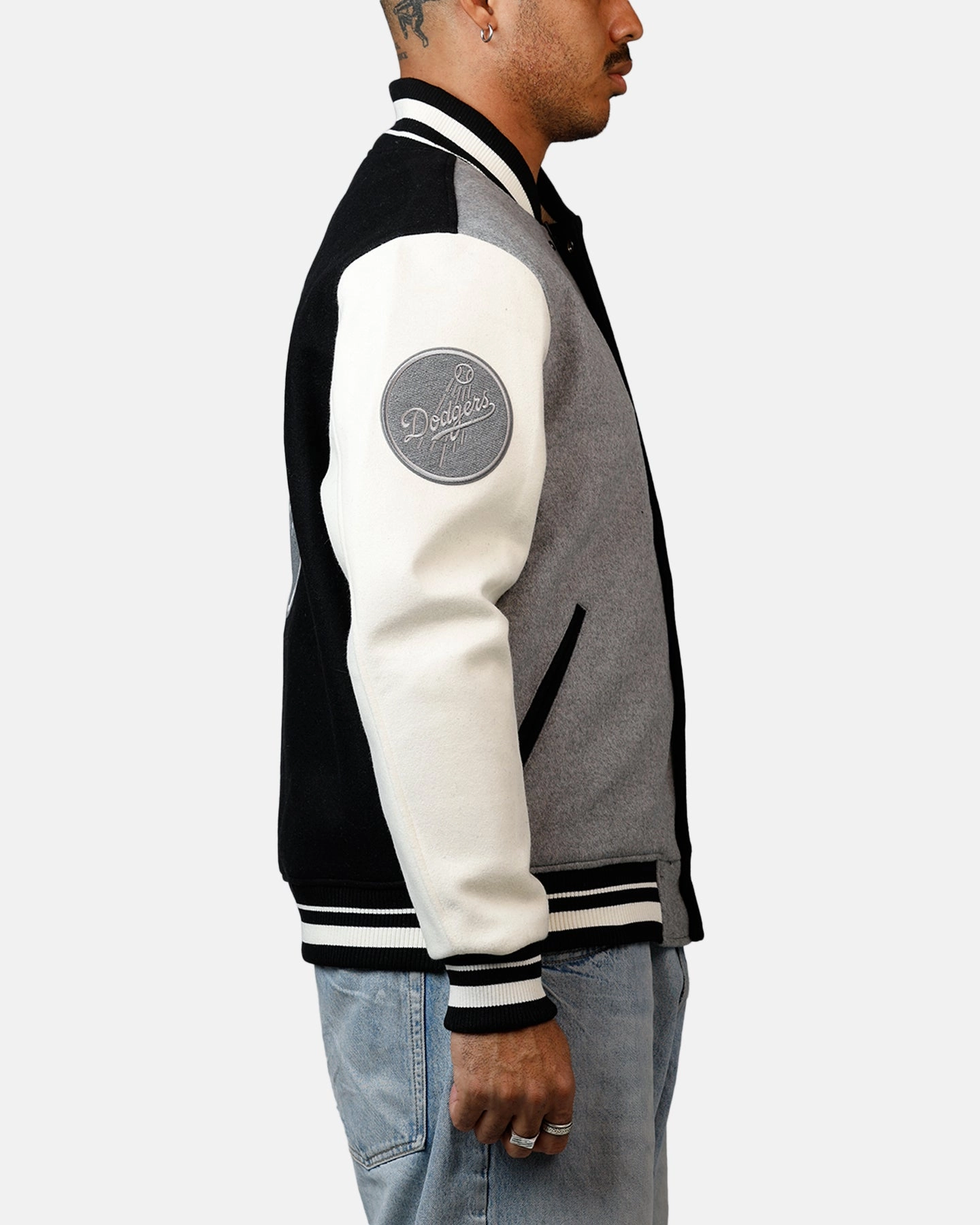 Subtle Design Detail Pro Standard Los Angeles Dodgers Reverse French Terry Wool Varsity Jacket Black/Grey