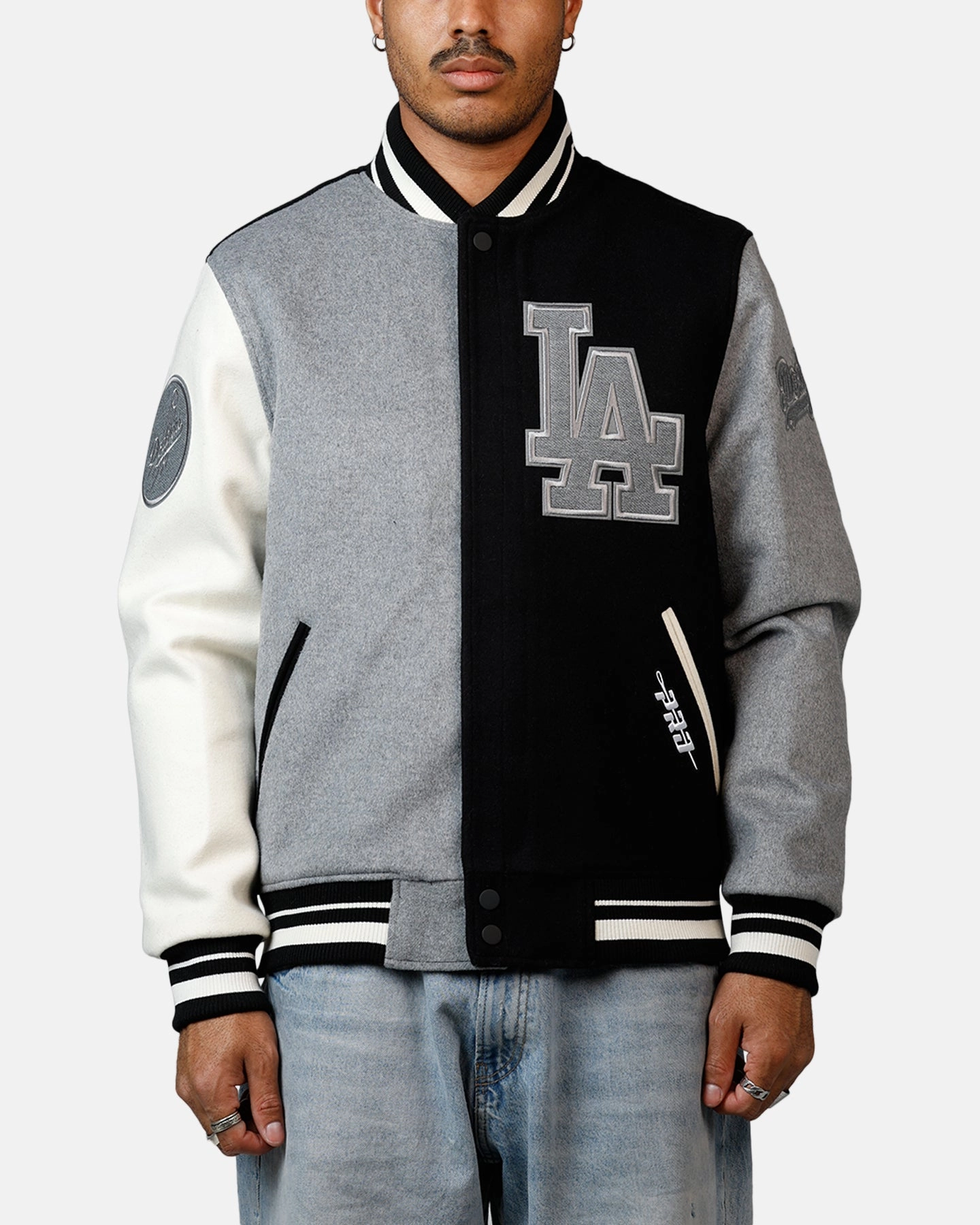 Pro Standard Los Angeles Dodgers Reverse French Terry Wool Varsity Jacket Black/Grey Fray Resistant Edges