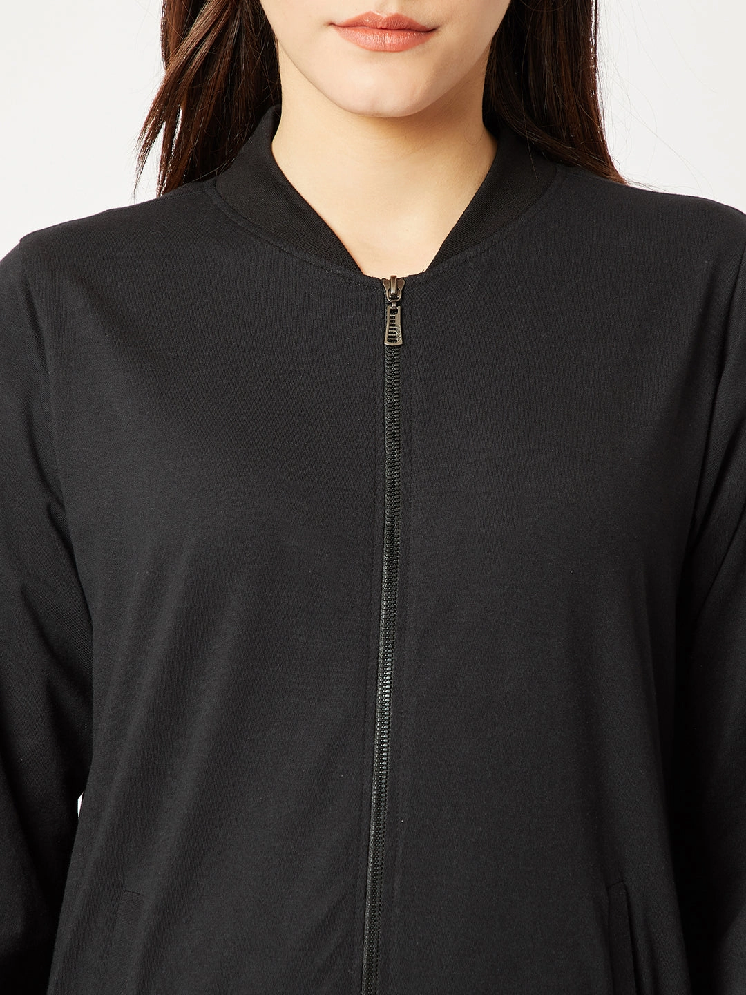 Women's Black Round Neck Full Sleeve Cotton Solid Bomber Jacket VentilatedBackPanel