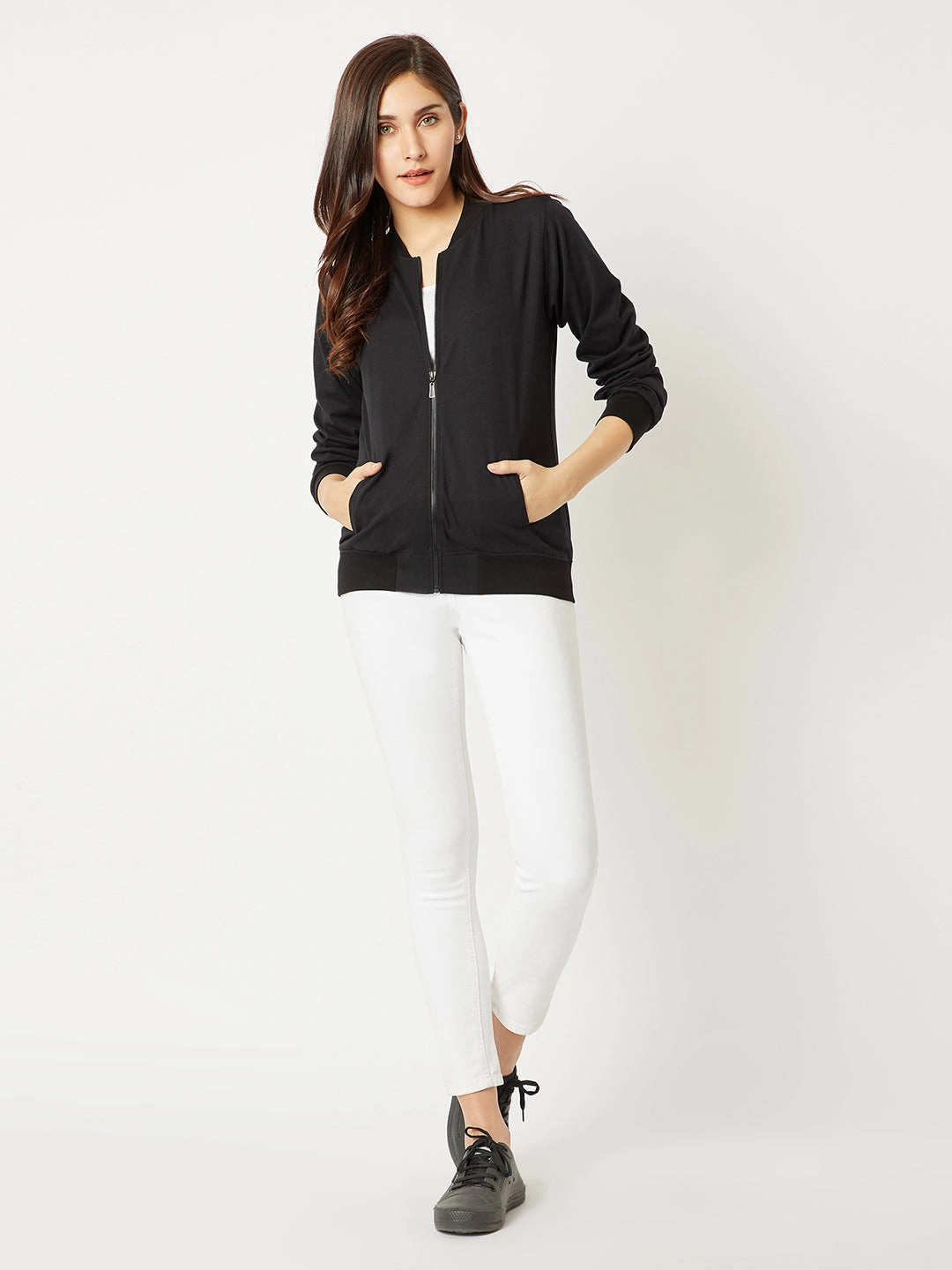 Women's Black Round Neck Full Sleeve Cotton Solid Bomber Jacket Elastic Hem Adjustment Relaxed Fit Structure