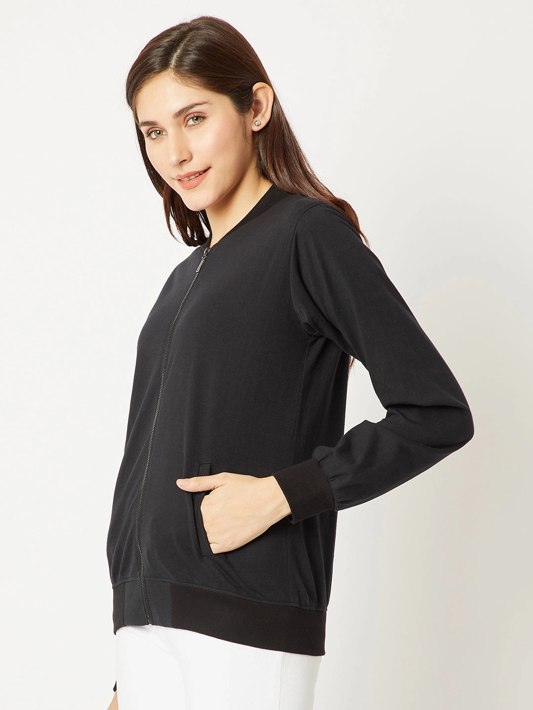 Convertible Collar Stain Resistant Women's Black Round Neck Full Sleeve Cotton Solid Bomber Jacket