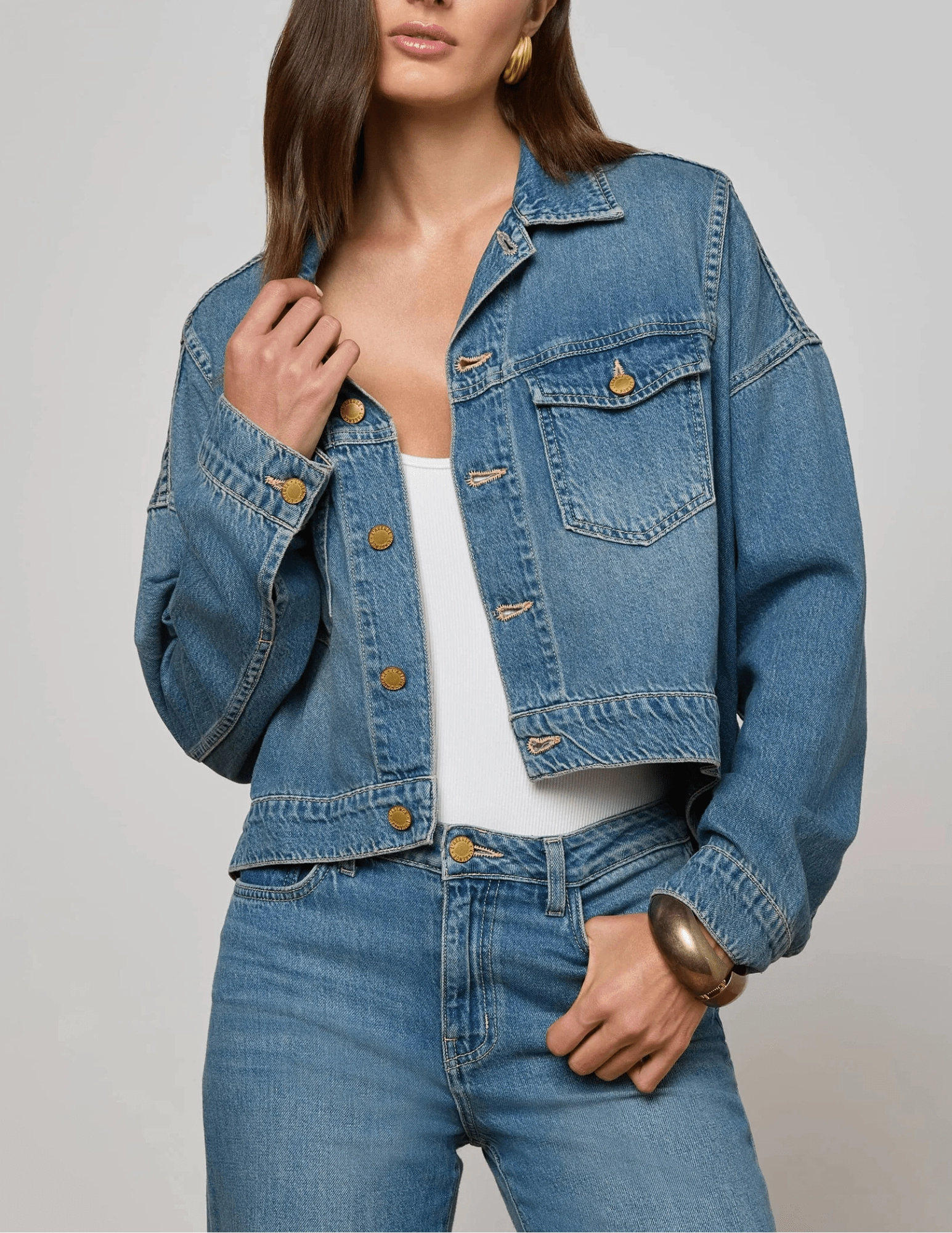 L'AGENCE Vianney Hi-Lo Denim Jacket in Fargo Elasticated Waistband