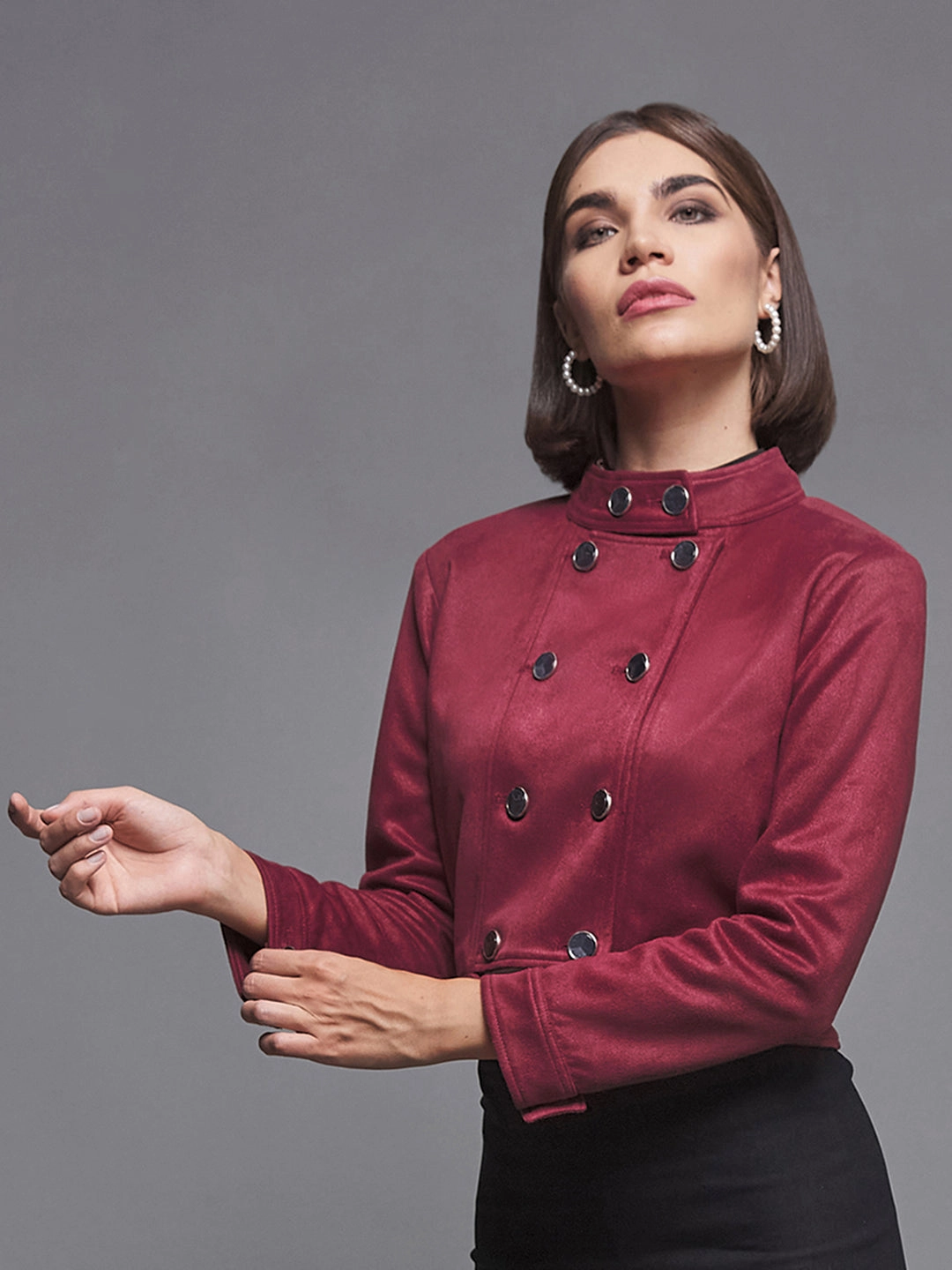 Women's Dark Red Mandarin Collar Full-Sleeve Solid Double Breasted Cropped Polyester Jacket Quick Dry Coating