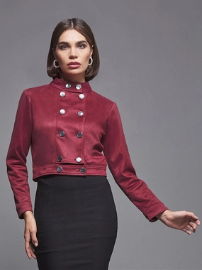 Ergonomic Mobility Cut Women's Dark Red Mandarin Collar Full-Sleeve Solid Double Breasted Cropped Polyester Jacket