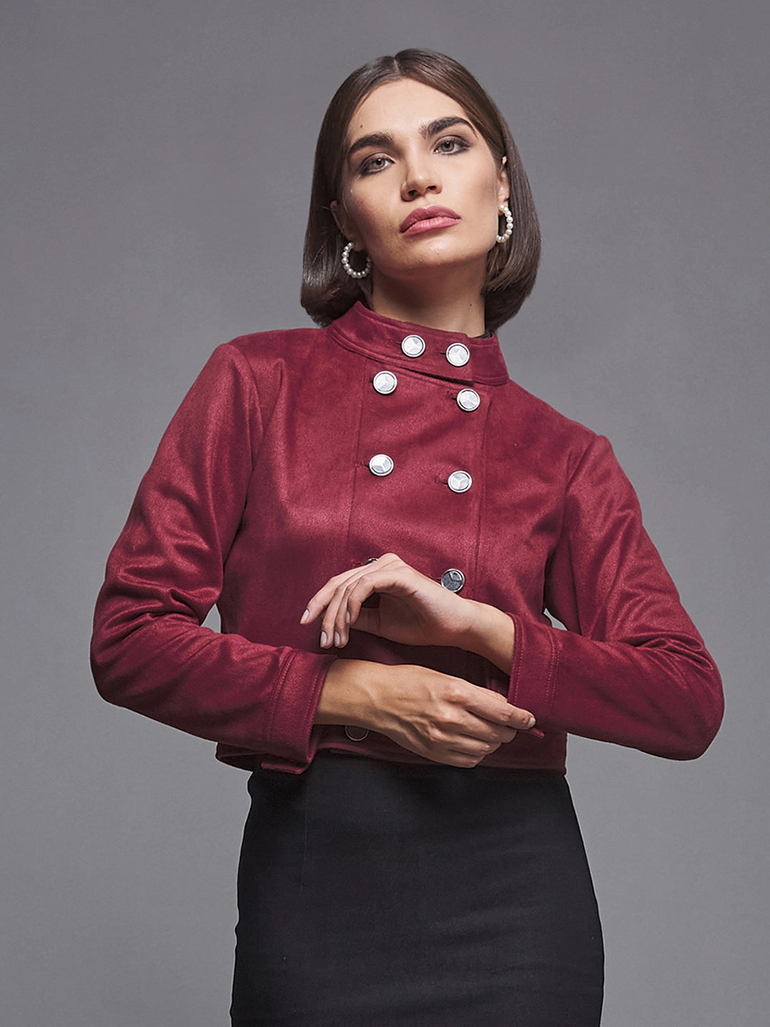 Hidden Pocket System Women's Dark Red Mandarin Collar Full-Sleeve Solid Double Breasted Cropped Polyester Jacket