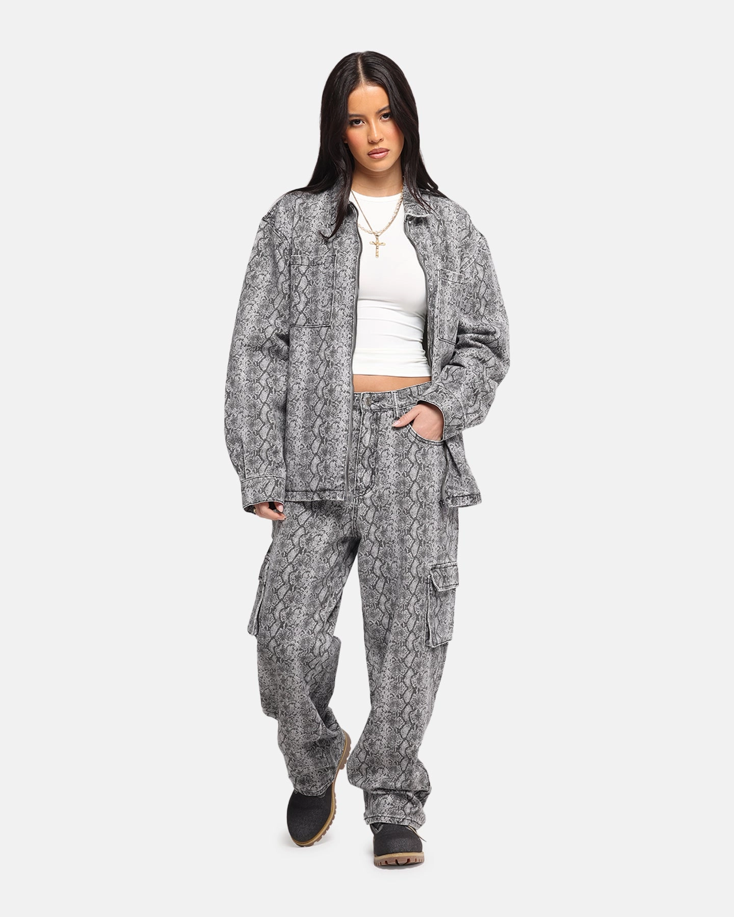 XXIII Snake Skin Cargo Pants Black Snake Print ElasticWaist