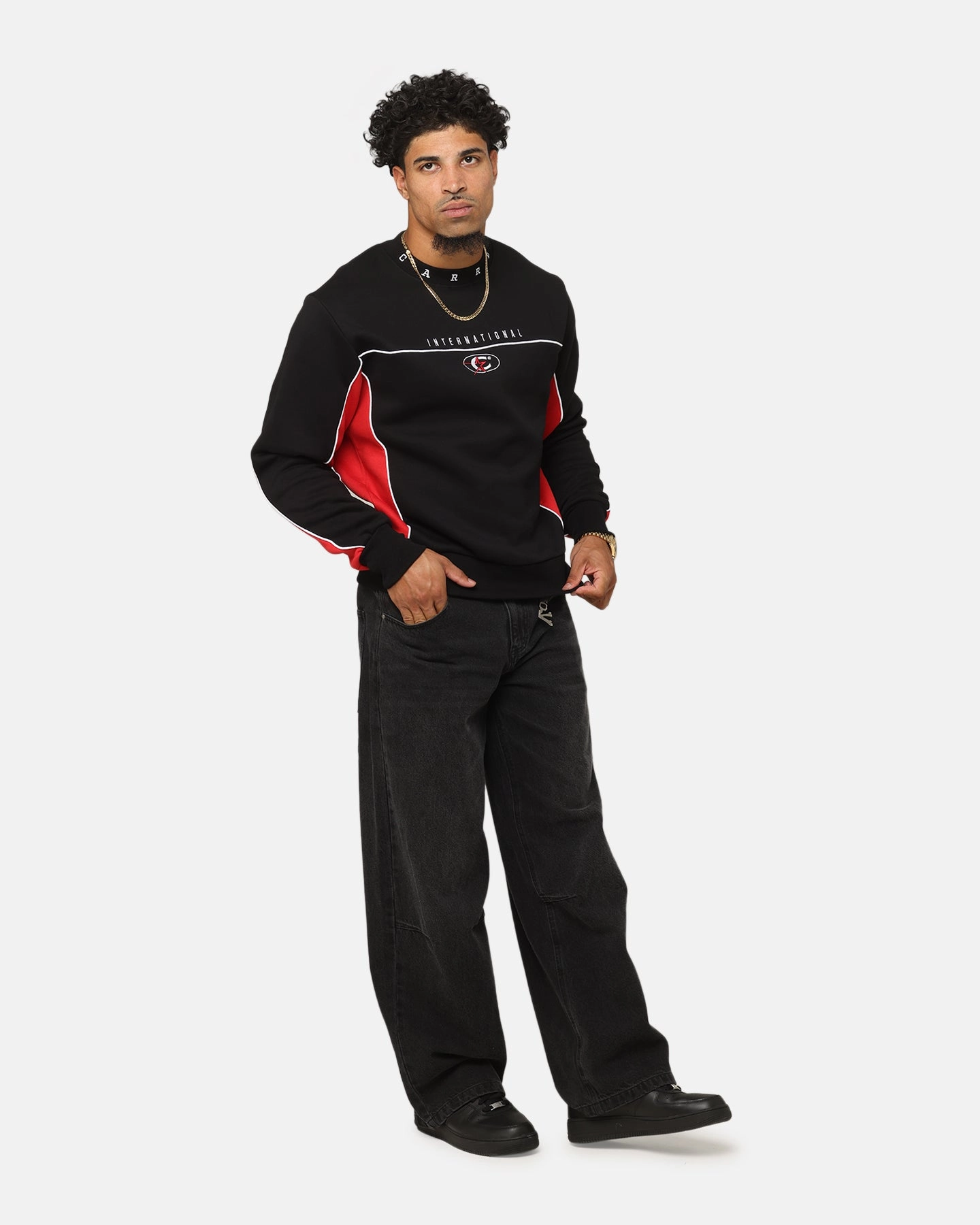 Carre International Crewneck Black/Red Contrast Stitch Accent Stretch Technology