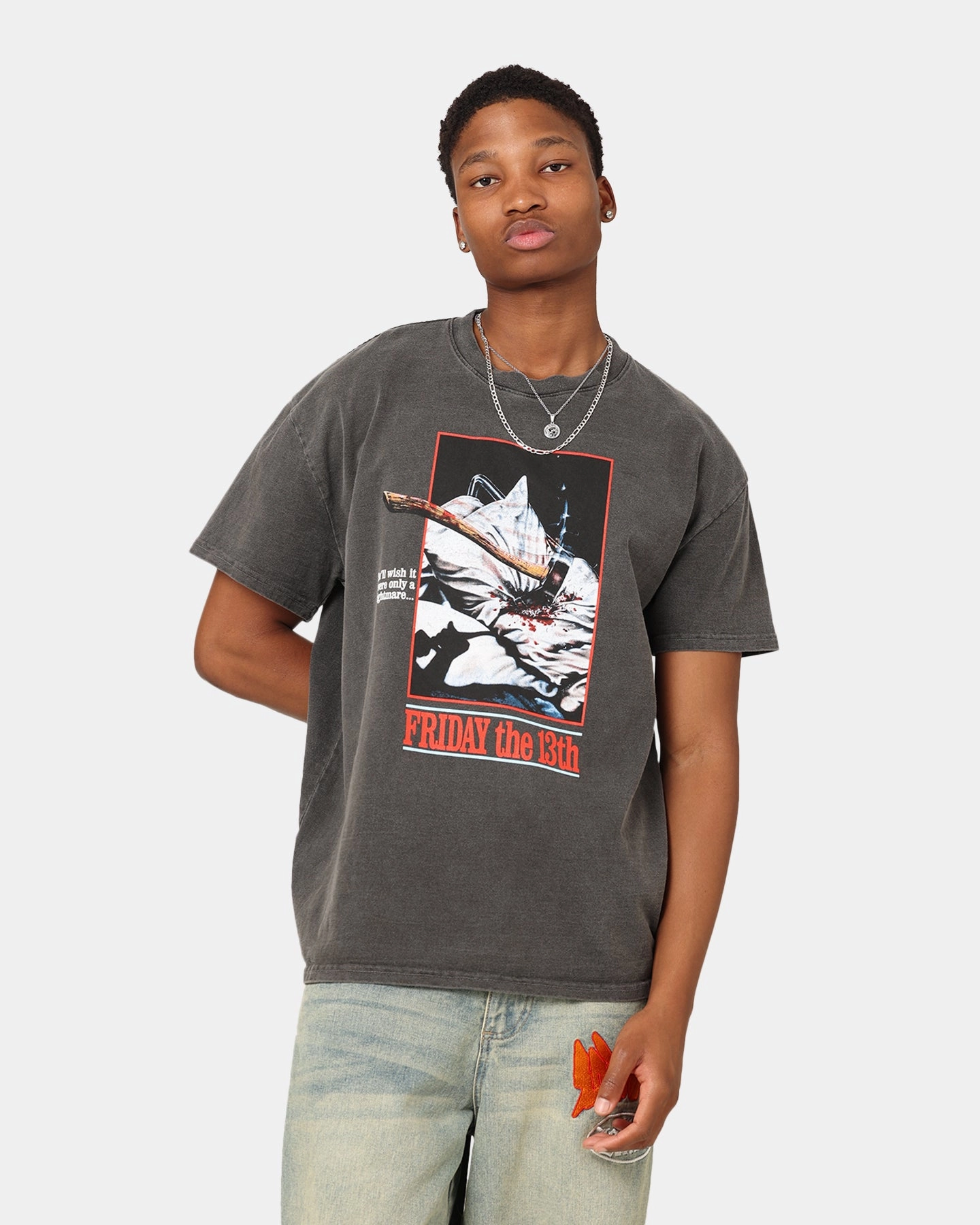 DoubleStitchedHem Stretch Fit Top American Thrift X Friday The 13th Vintage T-Shirt Black Wash