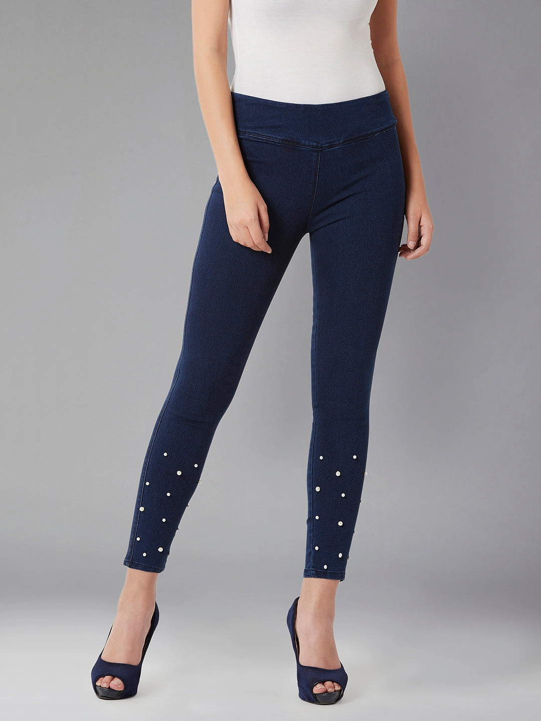 Full Coverage StaticResistantMaterial Women's Navy Blue Super Skinny High-Rise Clean-Look Regular Length Embellished Stretchable Denim Jeggings