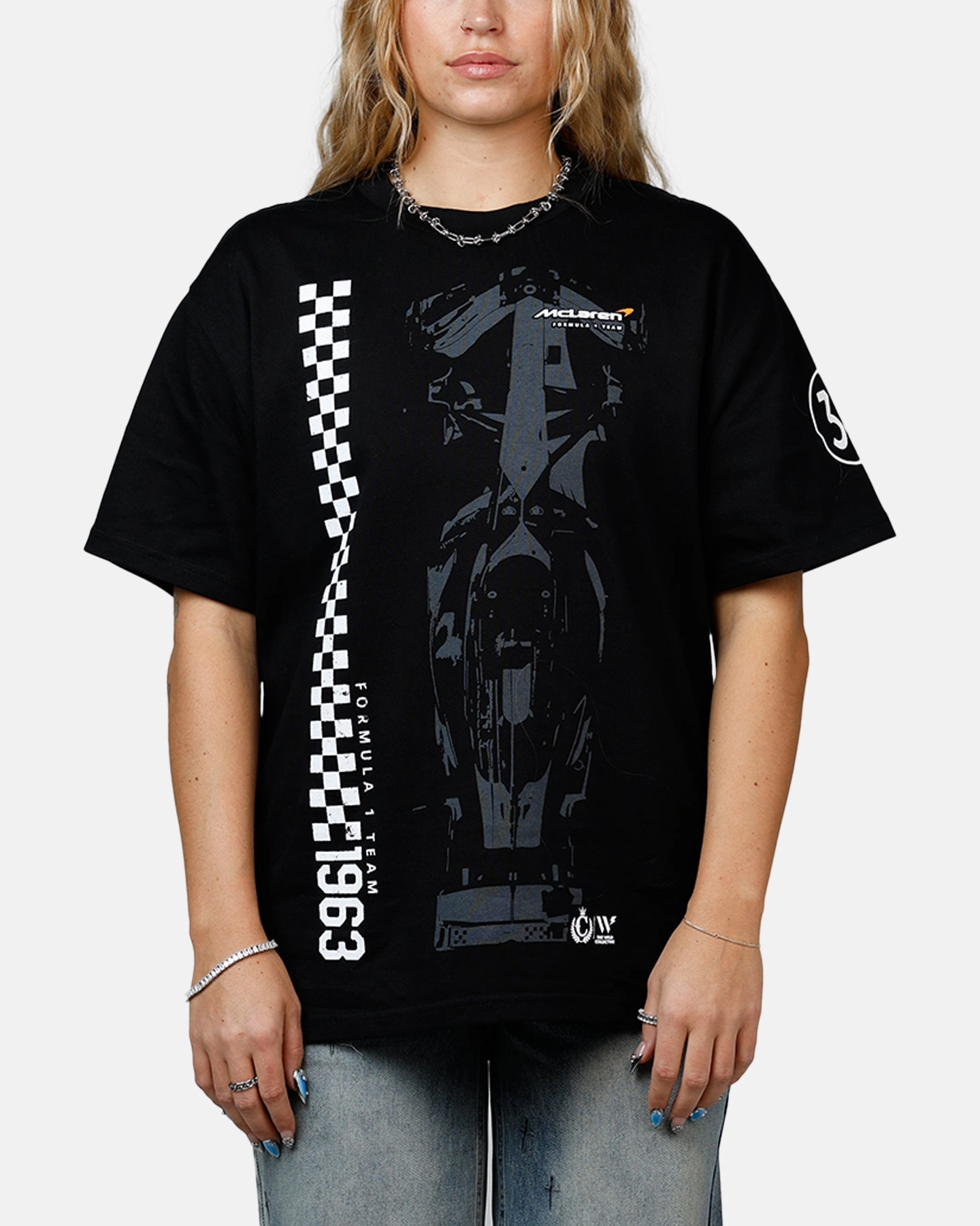 We Are The Wild Collective X Women's Mclaren 'Vegas Grad Prix 2024' T-Shirt Washed Black Reflective Accent Trim FrenchTerryTexture