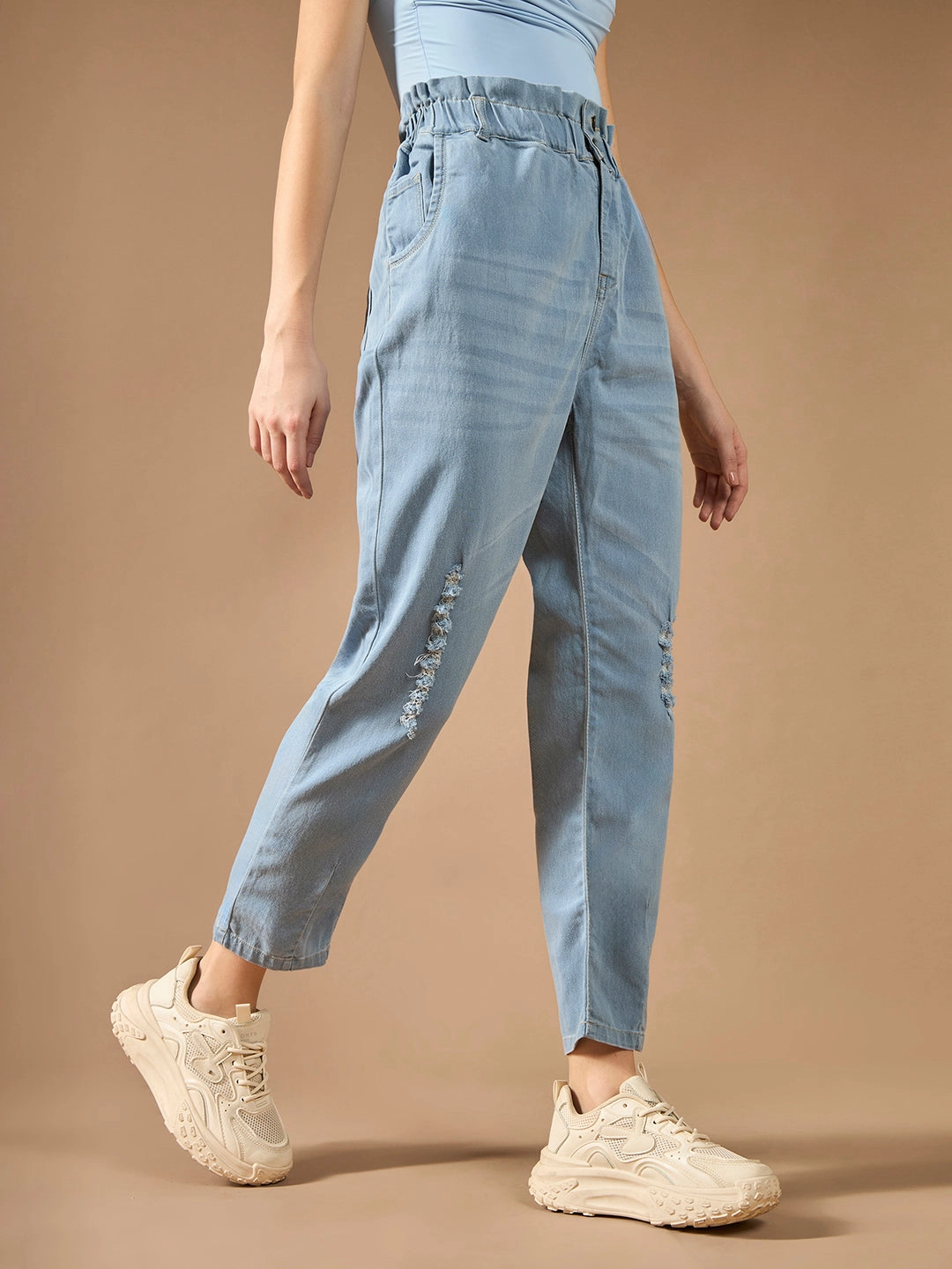 Fashionable Design On-the-Go Look 24/7 Comfort Light Blue Mom's Jean High-Rise Mild Distress Stretchable Denim Jeans