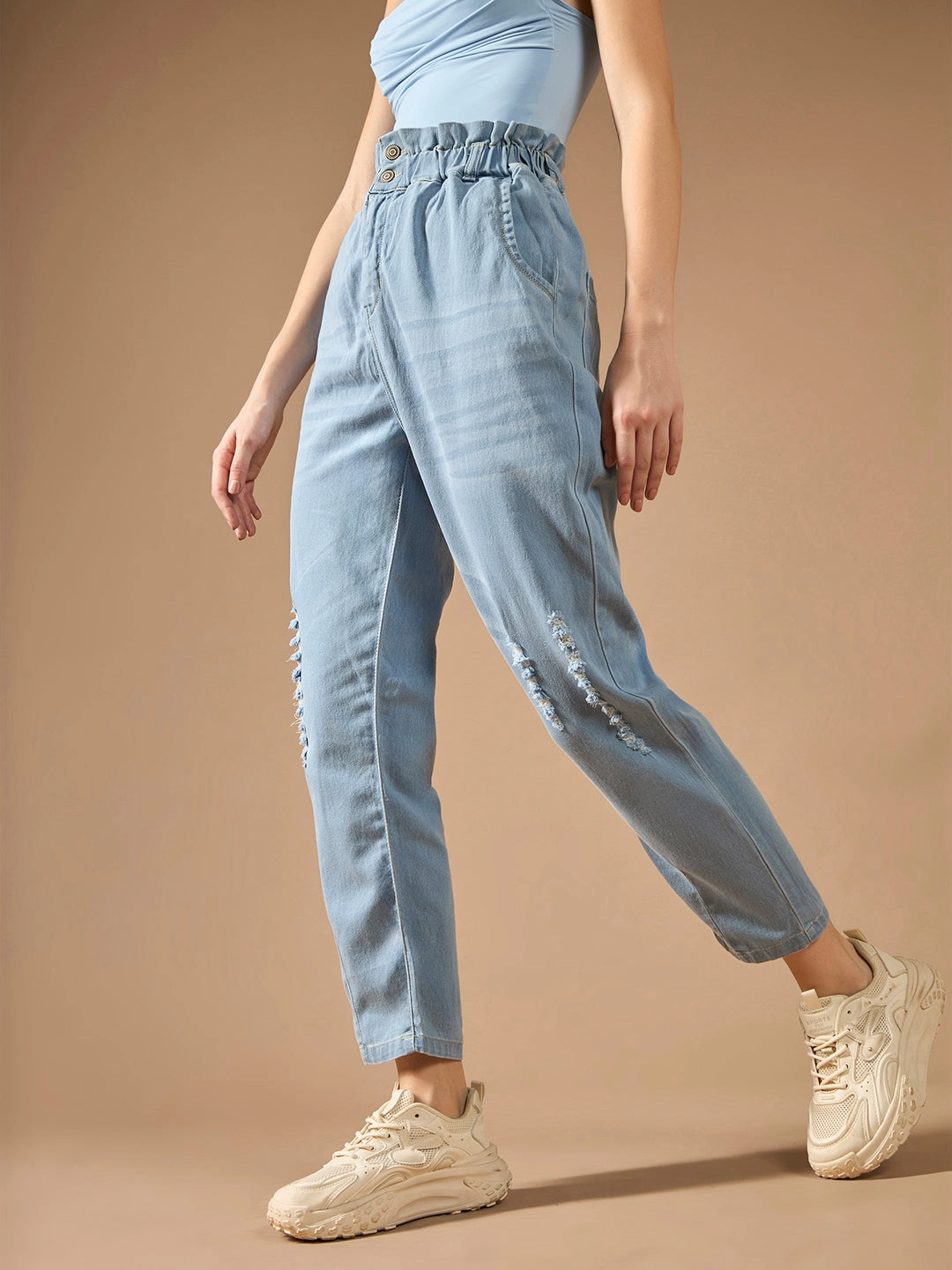 Fit Focus Morning Ready 24/7 Comfort Light Blue Mom's Jean High-Rise Mild Distress Stretchable Denim Jeans