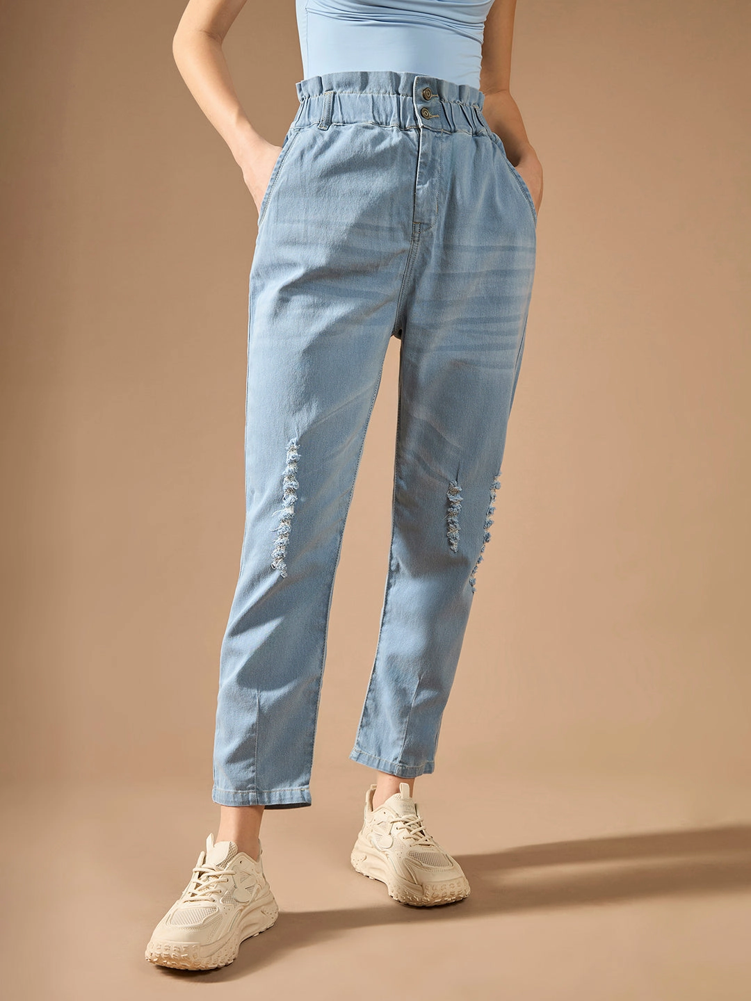 24/7 Comfort Light Blue Mom's Jean High-Rise Mild Distress Stretchable Denim Jeans Stylish Cut Fashion Daily