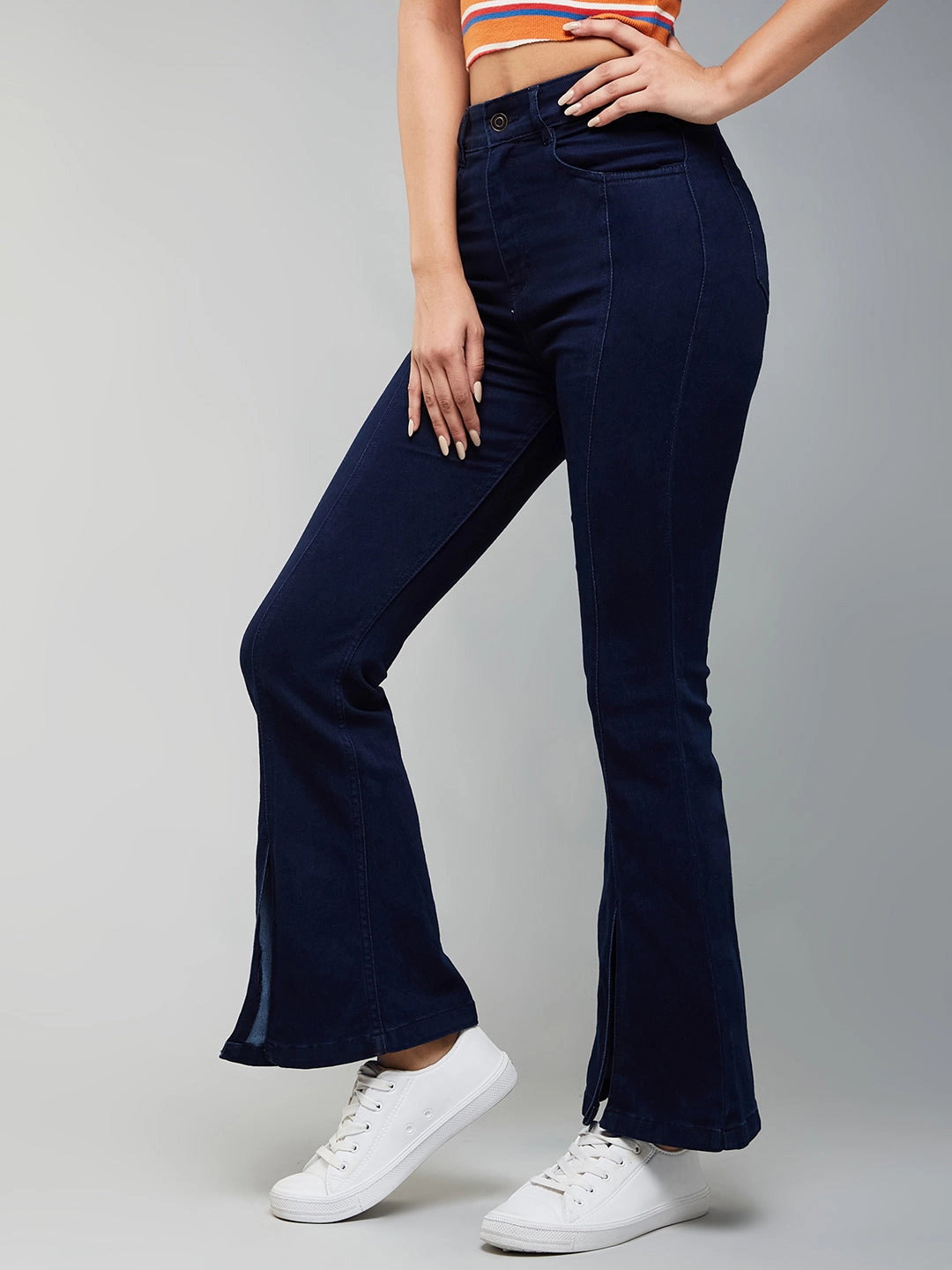 24/7 Comfort Navy-Blue Bell-Bottom Bootcut Hourglass High-Rise Stretchable Slit Denim Jeans Modern Casual