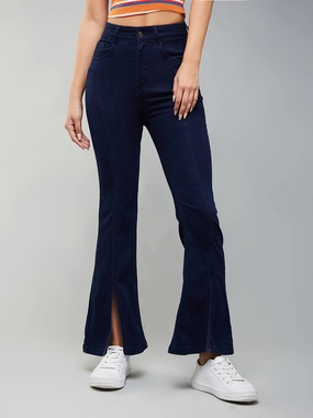 Everyday Eco Friendly Earthy 24/7 Comfort Navy-Blue Bell-Bottom Bootcut Hourglass High-Rise Stretchable Slit Denim Jeans