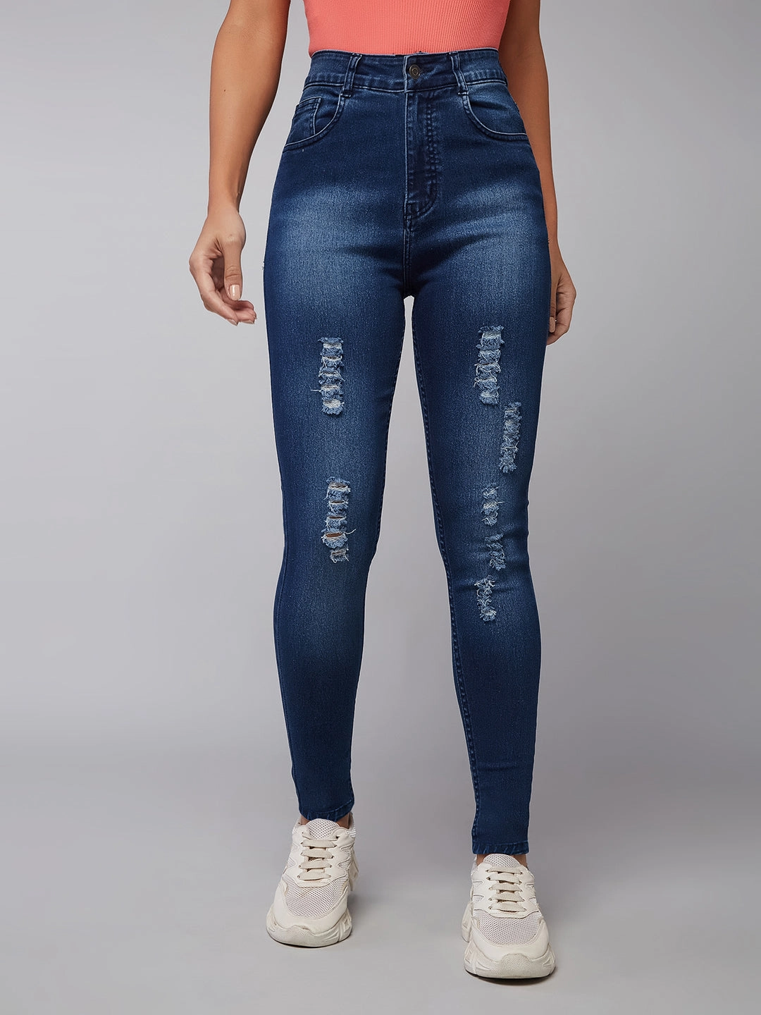 24/7 Comfort Blue Skinny-Fit Mid-Rise Midly-Distressed Ripped Denim Jeans Breathable Travel Outfit Brunch Outfit
