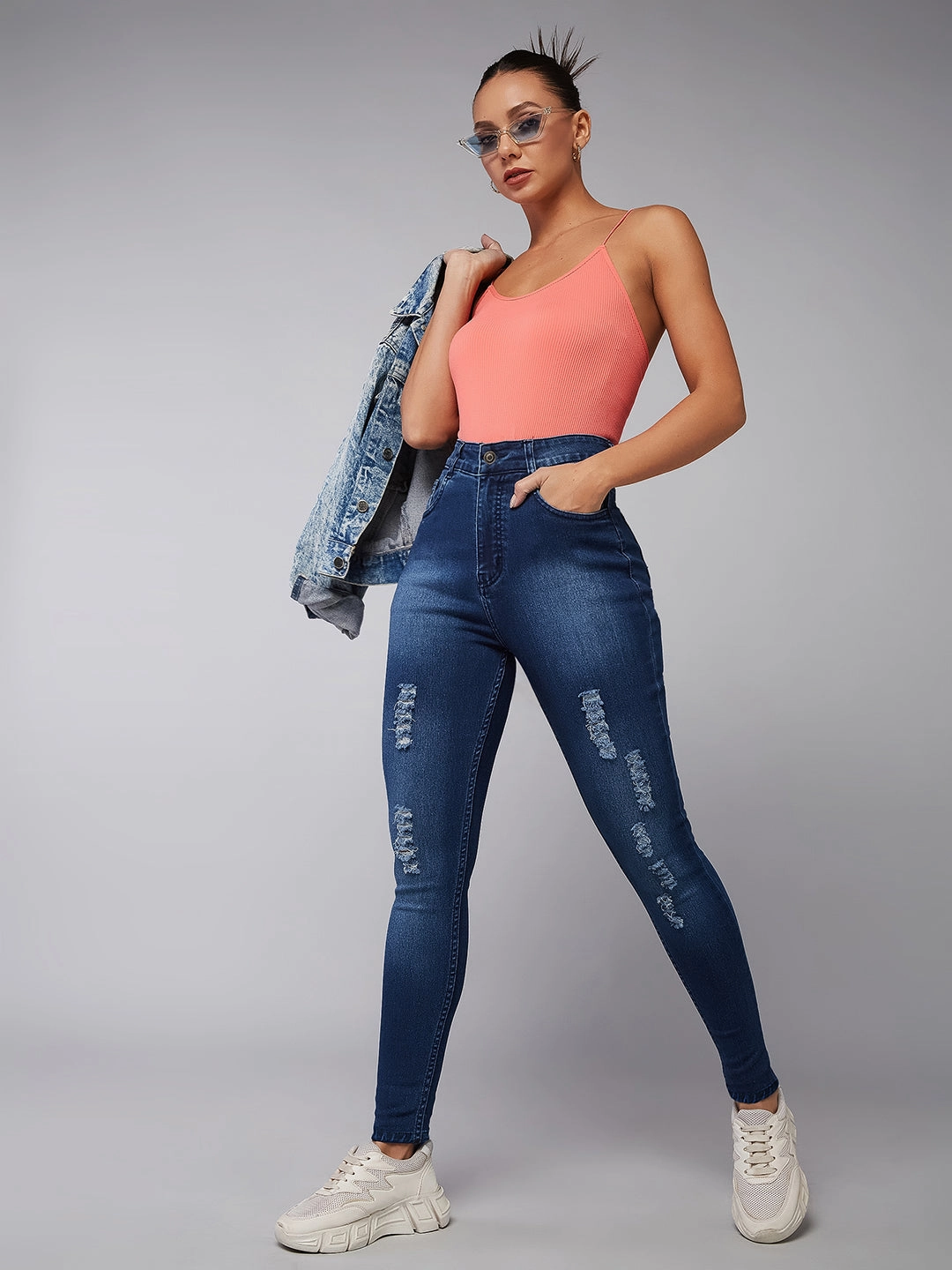 24/7 Comfort Blue Skinny-Fit Mid-Rise Midly-Distressed Ripped Denim Jeans Multi Purpose Pockets Summer Vibes