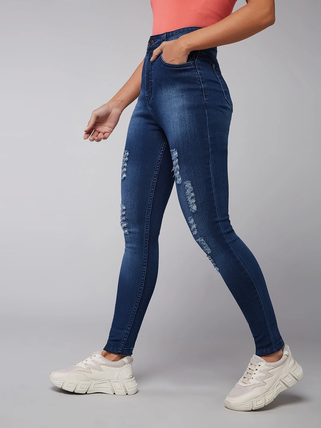 Streetwear Fan Evening Stroll Elegant 24/7 Comfort Blue Skinny-Fit Mid-Rise Midly-Distressed Ripped Denim Jeans