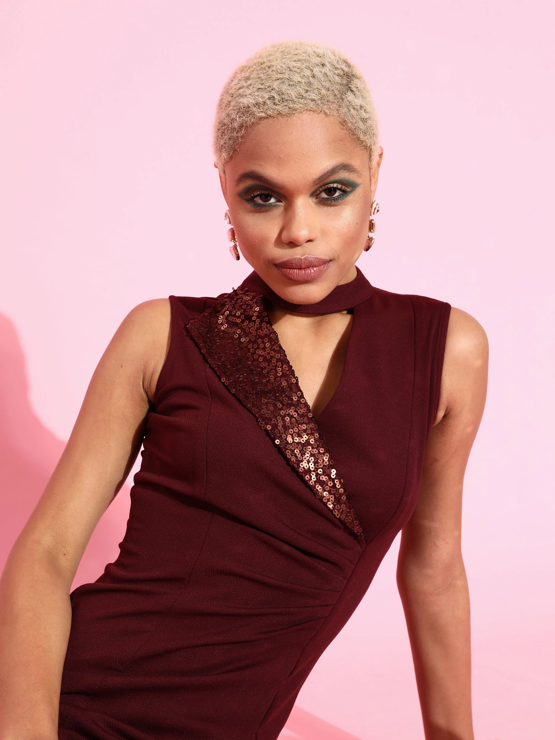 Modern Waist Crease Ease Women's Wine Collared Solid Asymmetric Length Dress