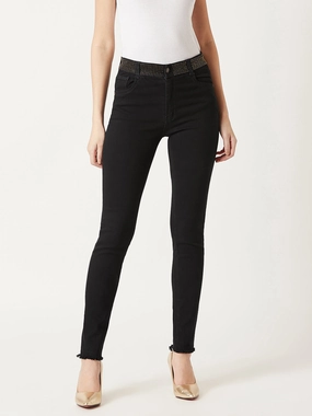 Lightweight Material Clean Cut Women's Black Slim-Fit Embellished Raw Edge Detailing Waistband High-Rise Denim Jeans
