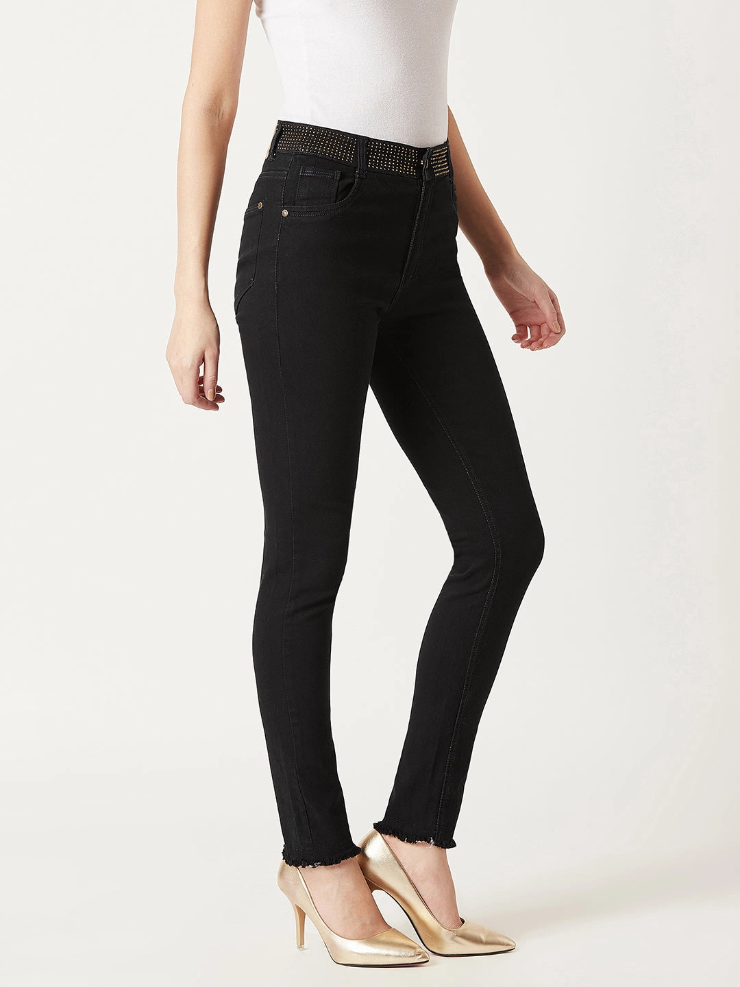 Women's Black Slim-Fit Embellished Raw Edge Detailing Waistband High-Rise Denim Jeans Affordable Autumn Days Breathable