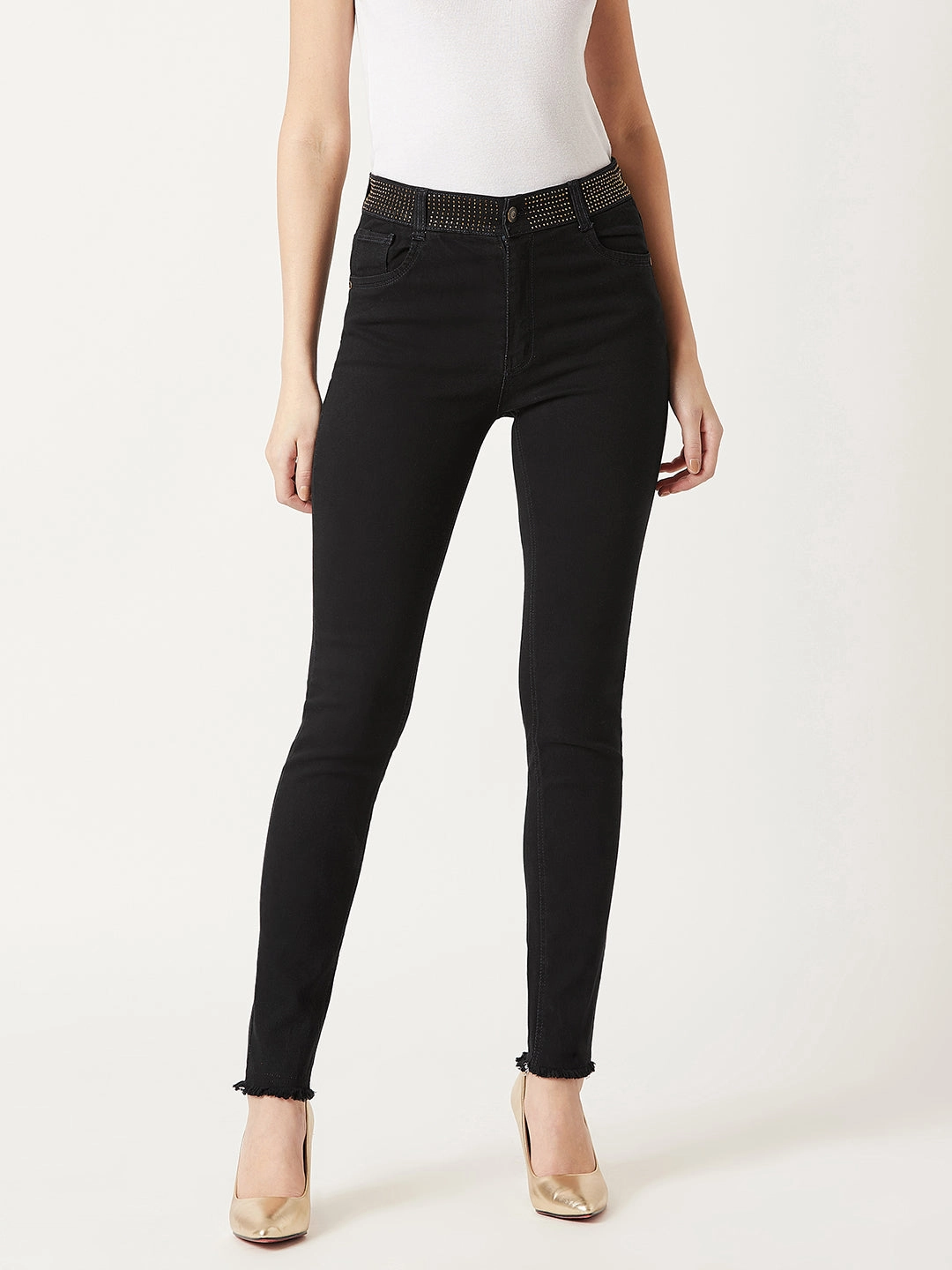 Lightweight Material Clean Cut Women's Black Slim-Fit Embellished Raw Edge Detailing Waistband High-Rise Denim Jeans