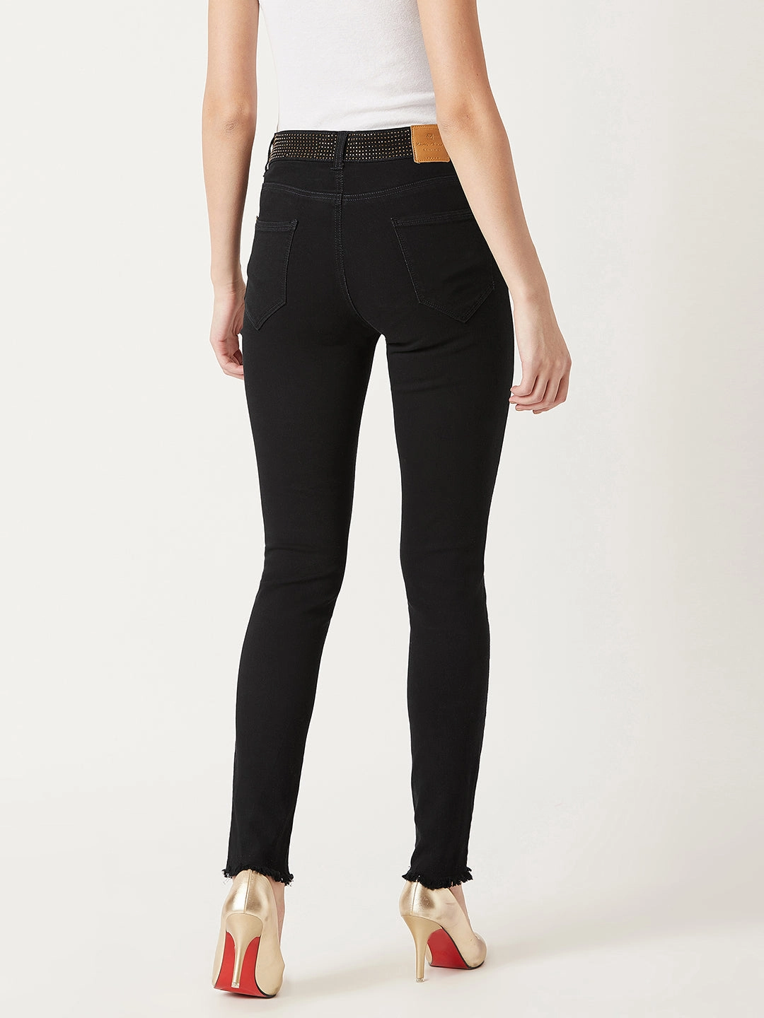 Women's Black Slim-Fit Embellished Raw Edge Detailing Waistband High-Rise Denim Jeans Party Look Couple Look Earthy Garment Dyed Technique