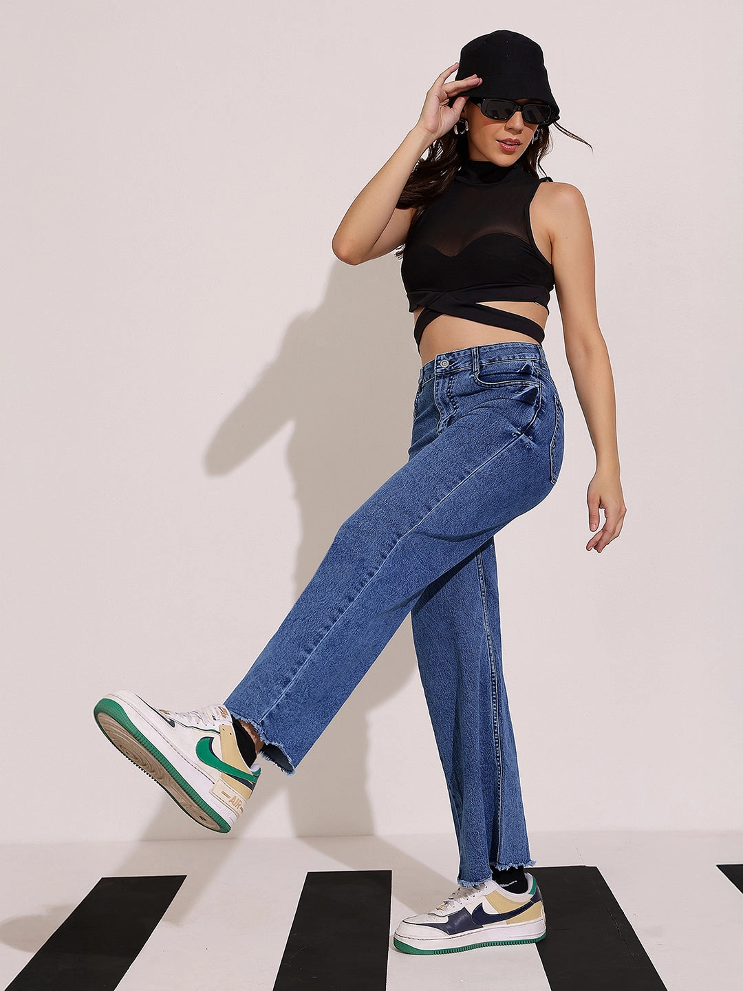 Women's Navy-Blue Wide Leg High-Rise Clean Look Regular Stretchable Denim Jeans Street Fashion Breathable