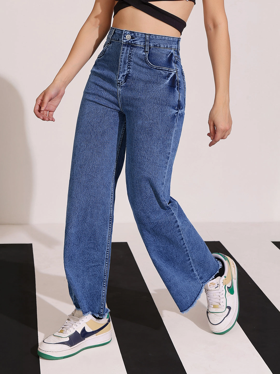 Women's Navy-Blue Wide Leg High-Rise Clean Look Regular Stretchable Denim Jeans Cool Classic Active Lifestyle