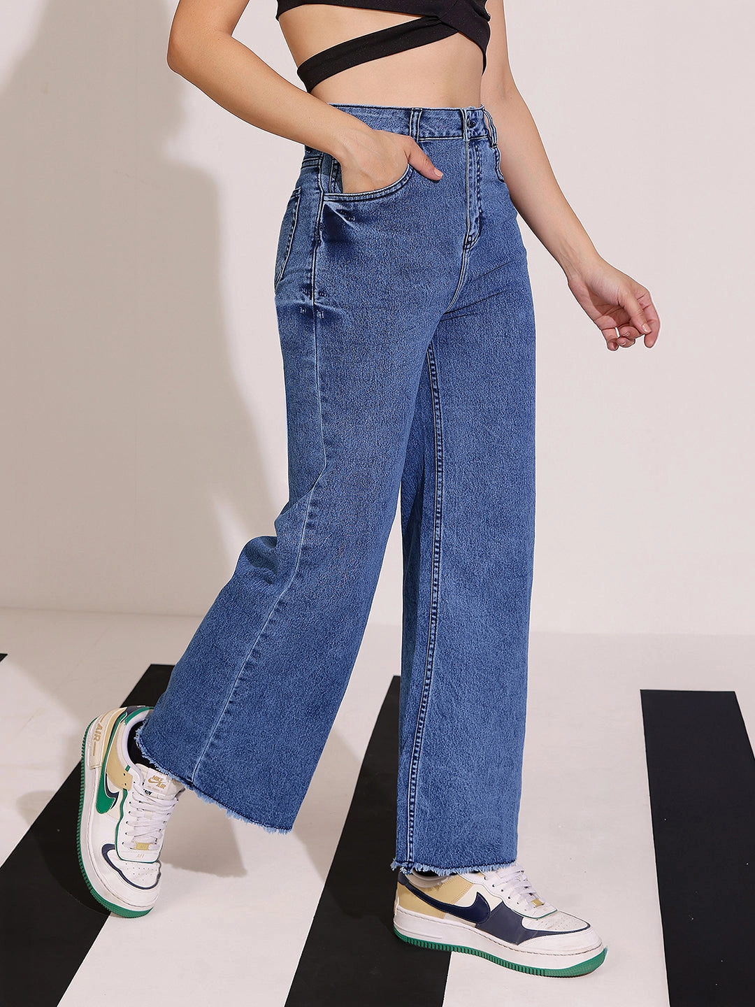 Women's Navy-Blue Wide Leg High-Rise Clean Look Regular Stretchable Denim Jeans Versatile Winter Warmth