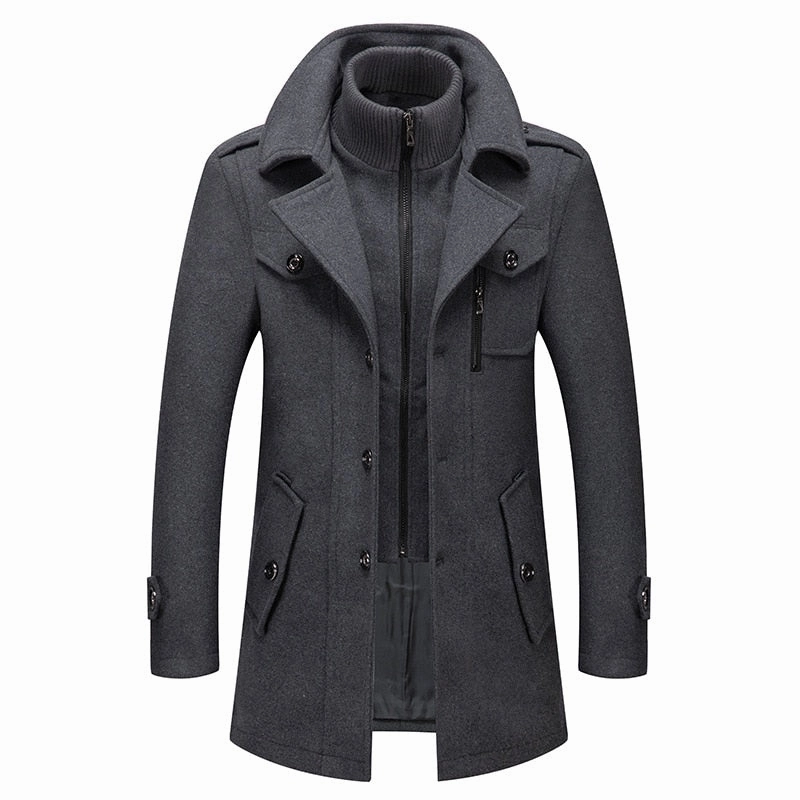 Layered Collar Design West Louis? Business Double Collar Windbreaker Woolen Pea Coat