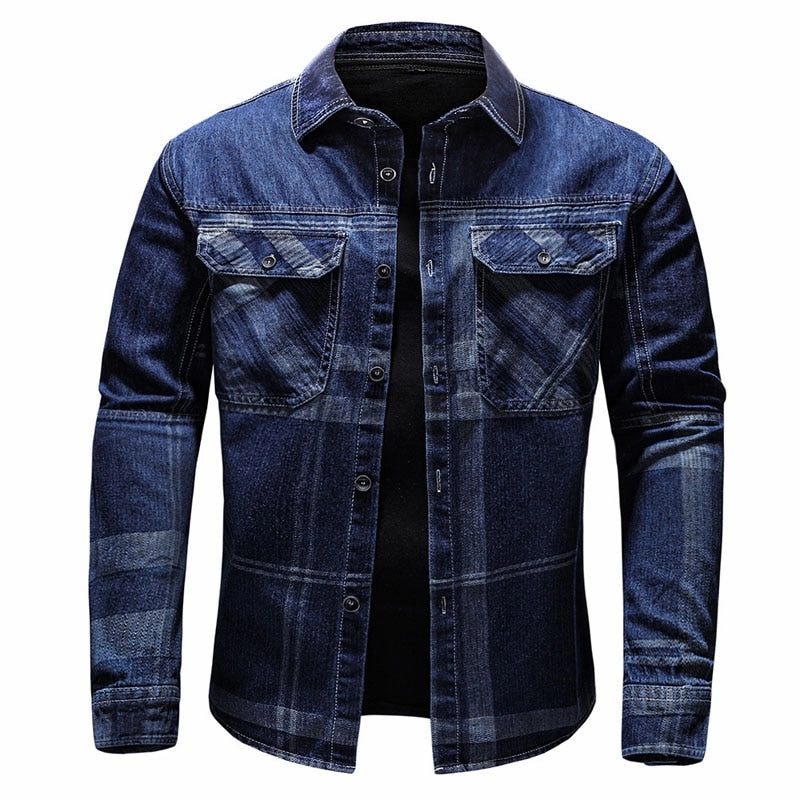 City Fashion Look Simple and Light West Louis? Denim Cowboy Plaid Jeans Outwear Shirt