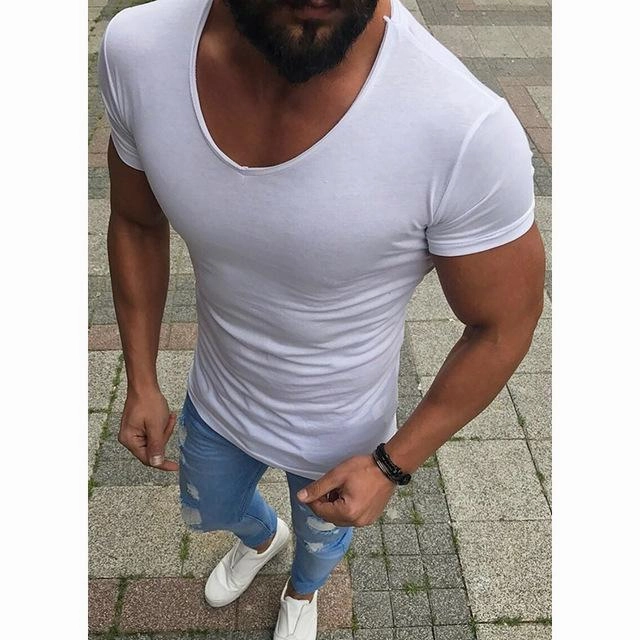 West Louis? Low Neck Skinny Fitness T-Shirt Garment Washed Texture Side Vent Design