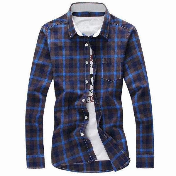 Breathable Yarn Composition West Louis? Plaid Turn-down Collar Shirt