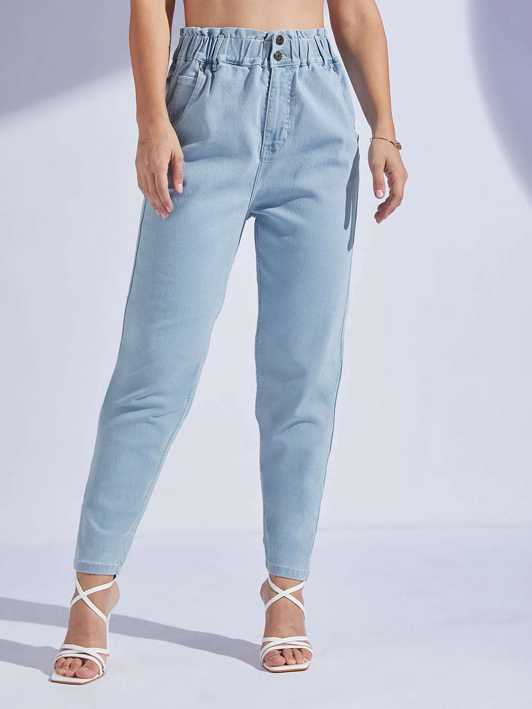 Women's Light Blue High-Rise Regular-Length Stretchable Denim Mom's Jeans Neutral Tones