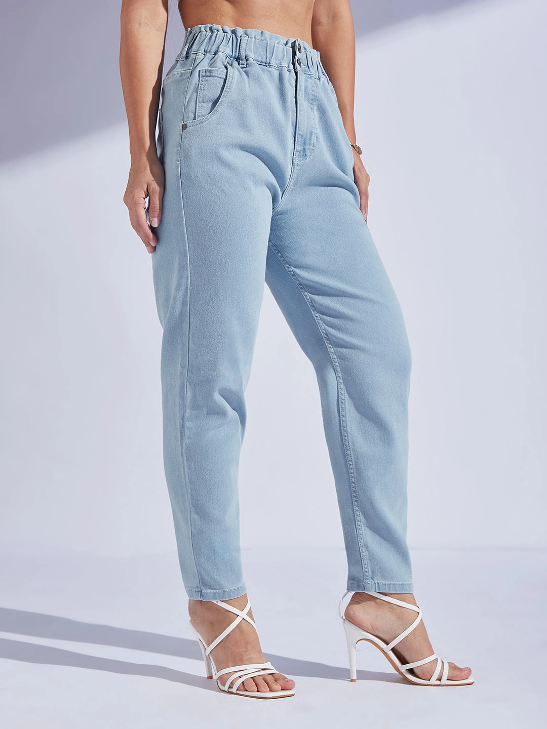 Women's Light Blue High-Rise Regular-Length Stretchable Denim Mom's Jeans Abrasion Resistant Denim Style Neutral