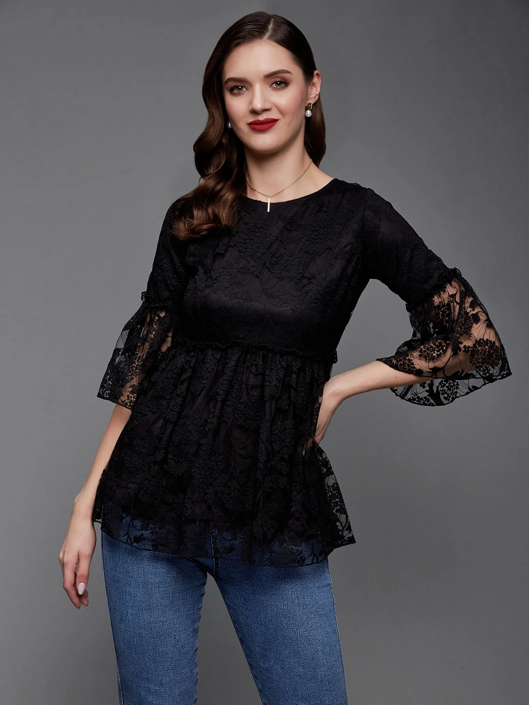 Women's Black Relaxed Fit Regular Lace Top Wrinkle Resistant Weave