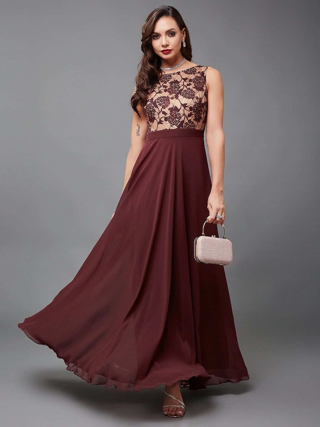 Pure Vibes Women's Beige & Wine Round Neck Sleeveless Georgette Floral Lace Fit & Flare Maxi Dress